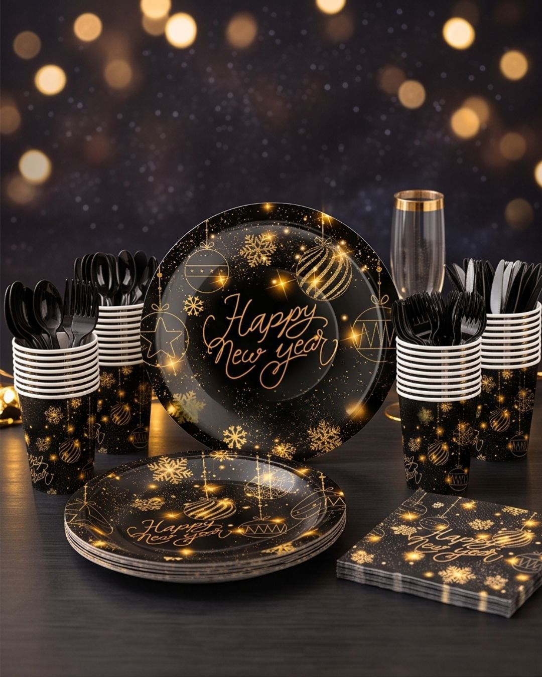 Happy New Year Tableware Set 194 pcs for 24 guests in Black and Gold Plates, Cups, Napkins Cutlery and More Happy New Year 2027