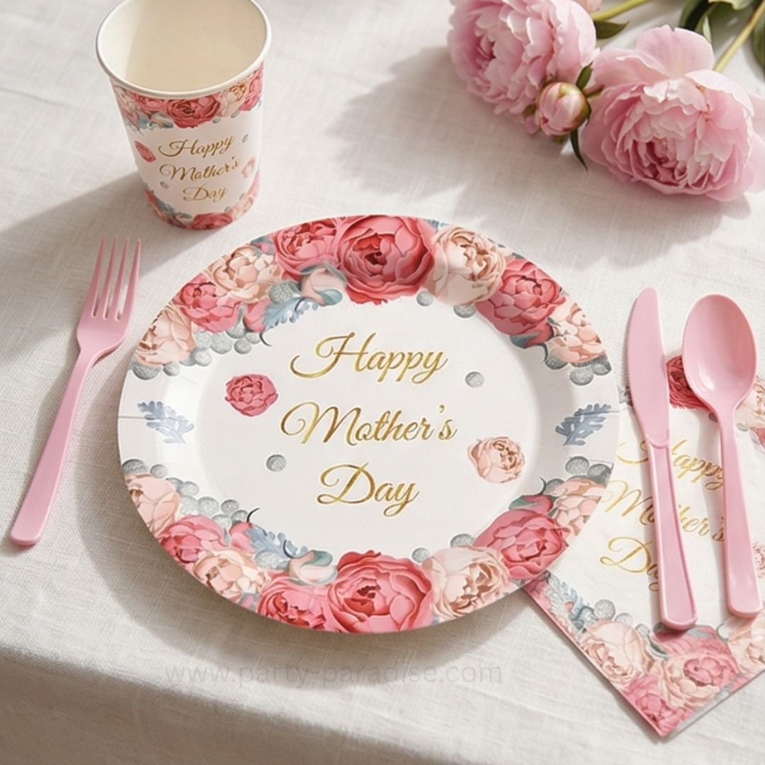 Happy Mother's Day Napkins and Plates Set for Family Dinner – Pink Floral Happy Mothers Day Disposable Paper Plates Tableware Dinnerware for Home Celebration 90pcs Secondary image