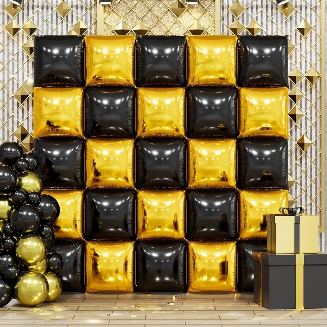 Gold Black Square Foil Balloon Wall, 25Pcs Double Sided Balloon Backdrop Helium Balloons Tunnel Arch Garland Kit for 2026 New Year Eve Graduation Birthday Anniversary Party Decoration Main image
