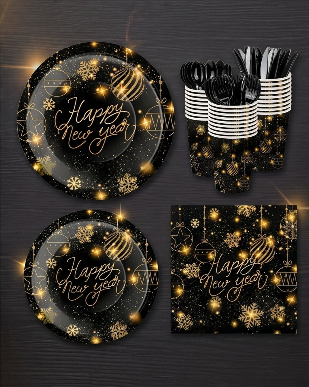 Happy New Year Tableware Set 194 pcs for 24 guests in Black and Gold Plates, Cups, Napkins Cutlery and More Happy New Year 2027