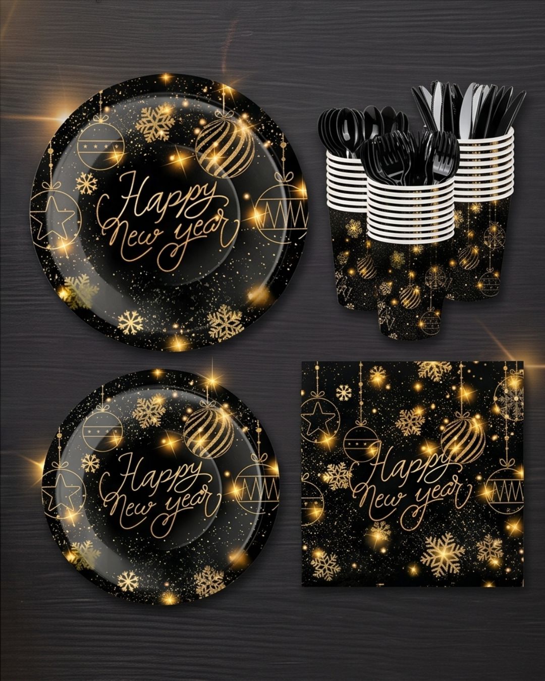 Happy New Year Tableware Set 194 pcs for 24 guests in Black and Gold Plates, Cups, Napkins Cutlery and More Happy New Year 2027