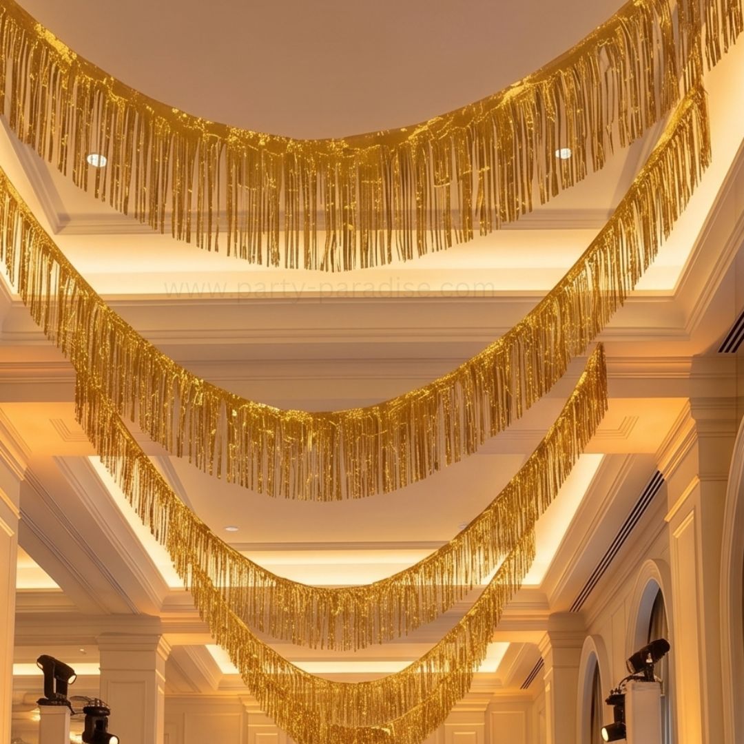 Gold Metallic Foil Fringe Garland Wall Hanging Tassel Banner, Mother's Day, Easter, Parade Floats, Birthday, Theme Party, Wedding Party Decorations