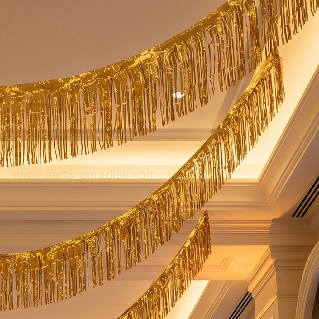 Gold Metallic Foil Fringe Garland Wall Hanging Tassel Banner, Mother's Day, Easter, Parade Floats, Birthday, Theme Party, Wedding Party Decorations