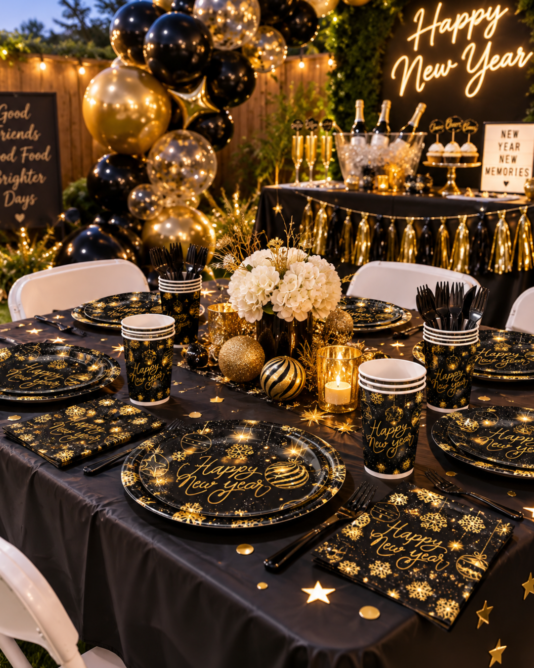 Happy New Year Tableware Set 194 pcs for 24 guests in Black and Gold Plates, Cups, Napkins Cutlery and More Happy New Year 2027