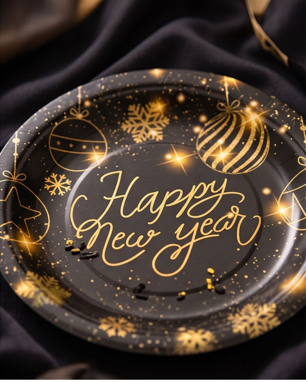 Happy New Year Tableware Set 194 pcs for 24 guests in Black and Gold Plates, Cups, Napkins Cutlery and More Happy New Year 2027