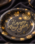Happy New Year Tableware Set 194 pcs for 24 guests in Black and Gold Plates, Cups, Napkins Cutlery and More Happy New Year 2027
