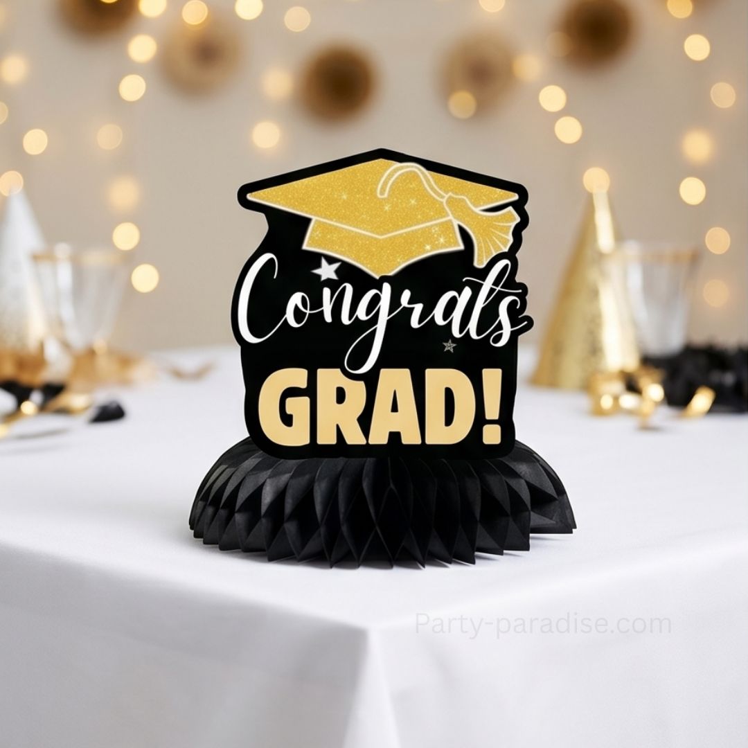 Graduation Table Decorations, Gold Black Honeycomb Centerpiece Glitter Graduation Centerpieces for Tables Congrats Grad Table Toppers Congratulate for Class of 2026 Grad Party Supplies, 5Pcs