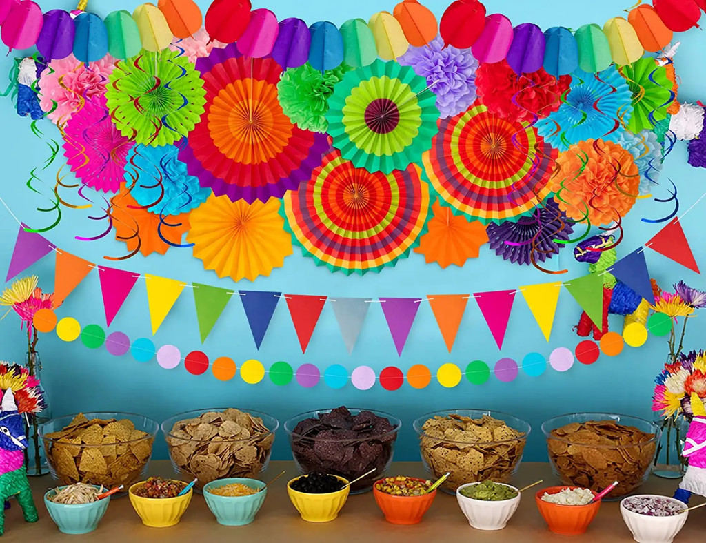 36Pcs Cinco De Mayo Decorations Fiesta Party Decorations Multi-Color Paper Fans Garlands Pennant Pom Poms Hanging Swirls for Birthday Wedding Rainbow Mexican Party