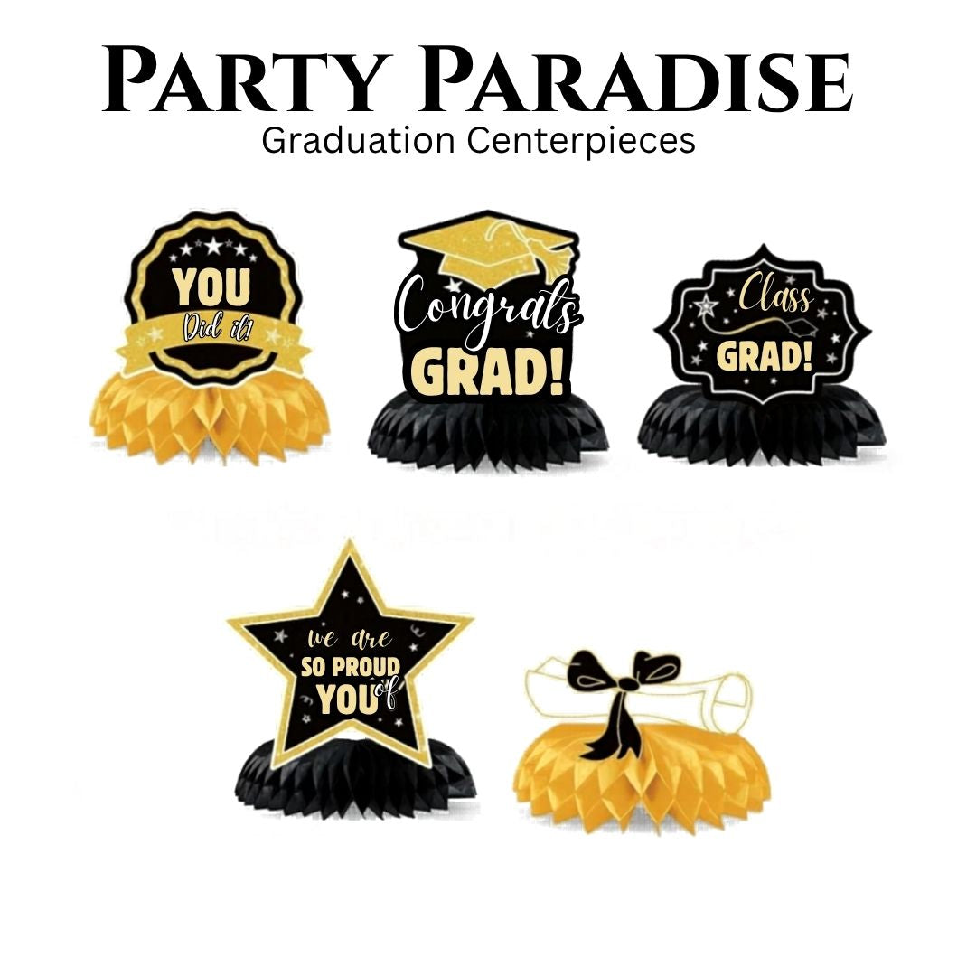 Graduation Table Decorations, Gold Black Honeycomb Centerpiece Glitter Graduation Centerpieces for Tables Congrats Grad Table Toppers Congratulate for Class of 2026 Grad Party Supplies, 5Pcs