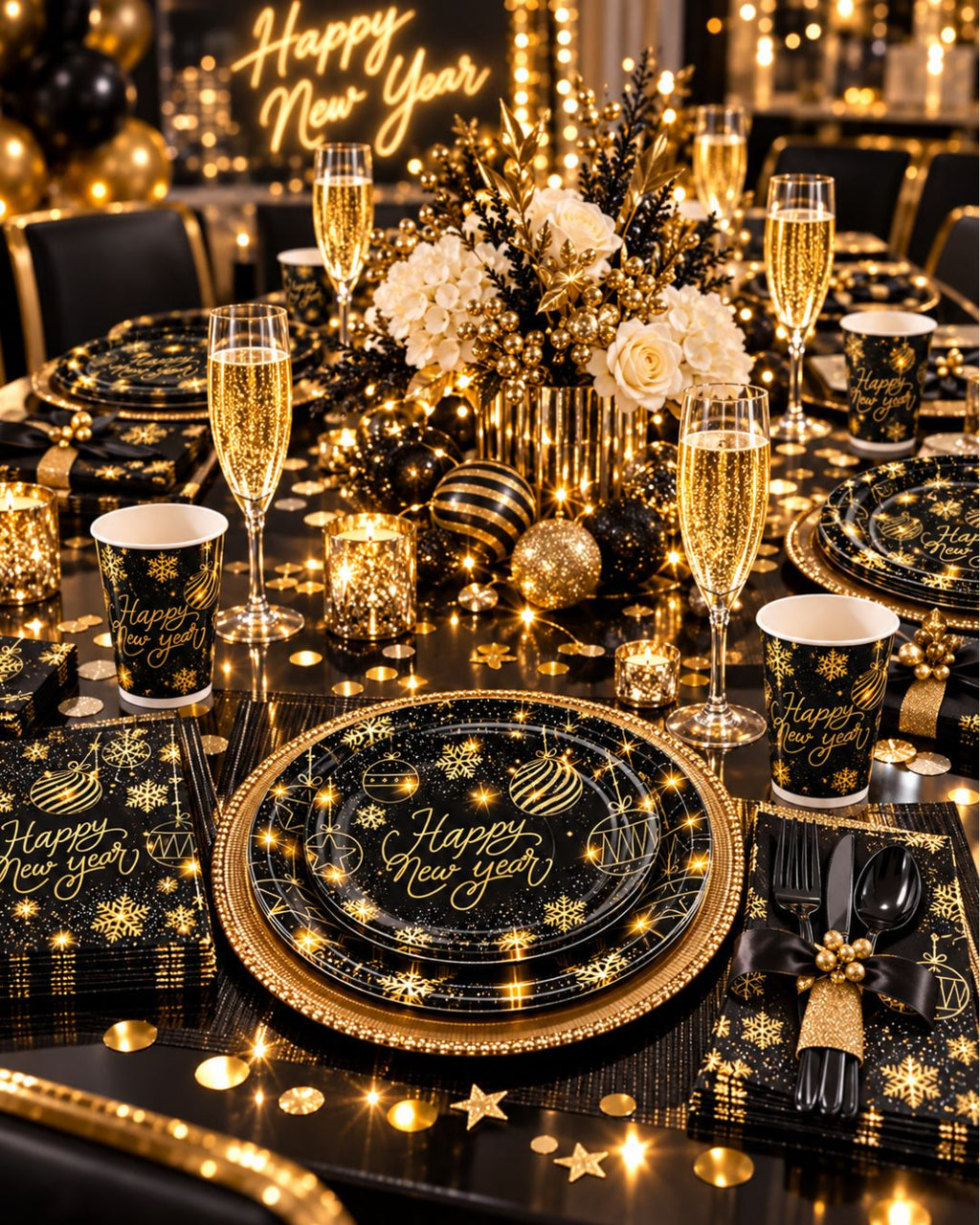 Happy New Year Tableware Set 194 pcs for 24 guests in Black and Gold Plates, Cups, Napkins Cutlery and More Happy New Year 2027