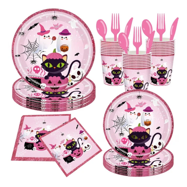 Pink Halloween Tablewear Set 175 PCS for 25 guests. Modern Cute Party Set. Main image