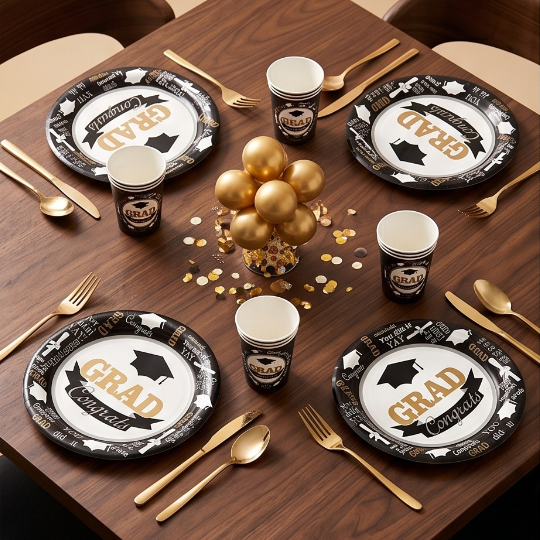 70PCS Graduation Plates and Napkins Set, 2026 Congrats Grad Disposable Tableware Set include Graduation Cap Paper Plate Napkins Cups for Grad Party Supplies, Serve for 16 Guests (Black)Graduation Tableware Set
