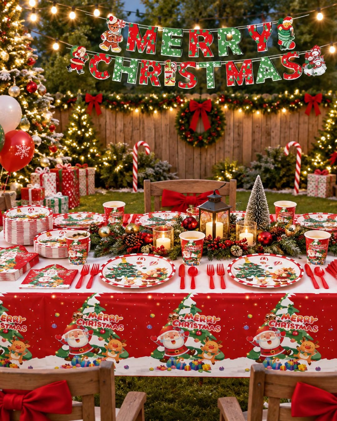 Merry Christmas Tableware Set 117 pcs Plates, Cups, Napkins, Cutlery for 10 guests. Main image
